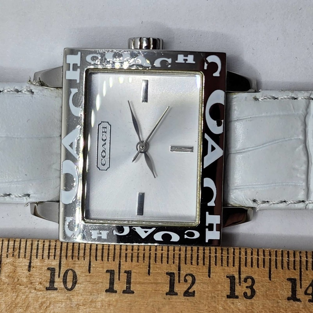 Coach white square rectangle leather watch silver logo motif women's ladies - Picture 7 of 7